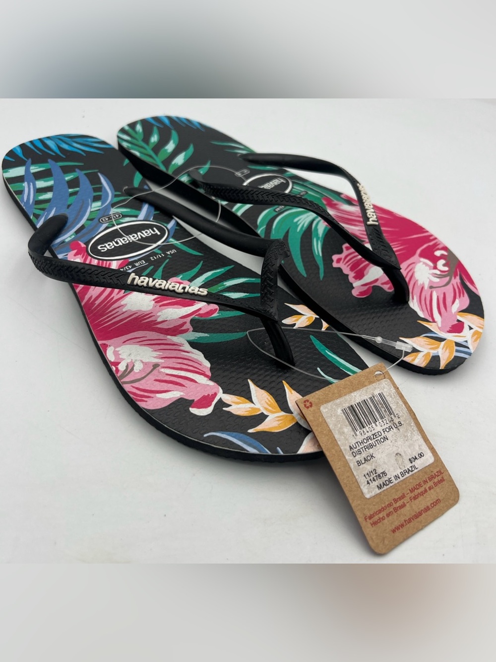 Havaianas FlipFlops Tropical Floral Black Hawaii Women’s Size 11/12 EU43/44 NWT